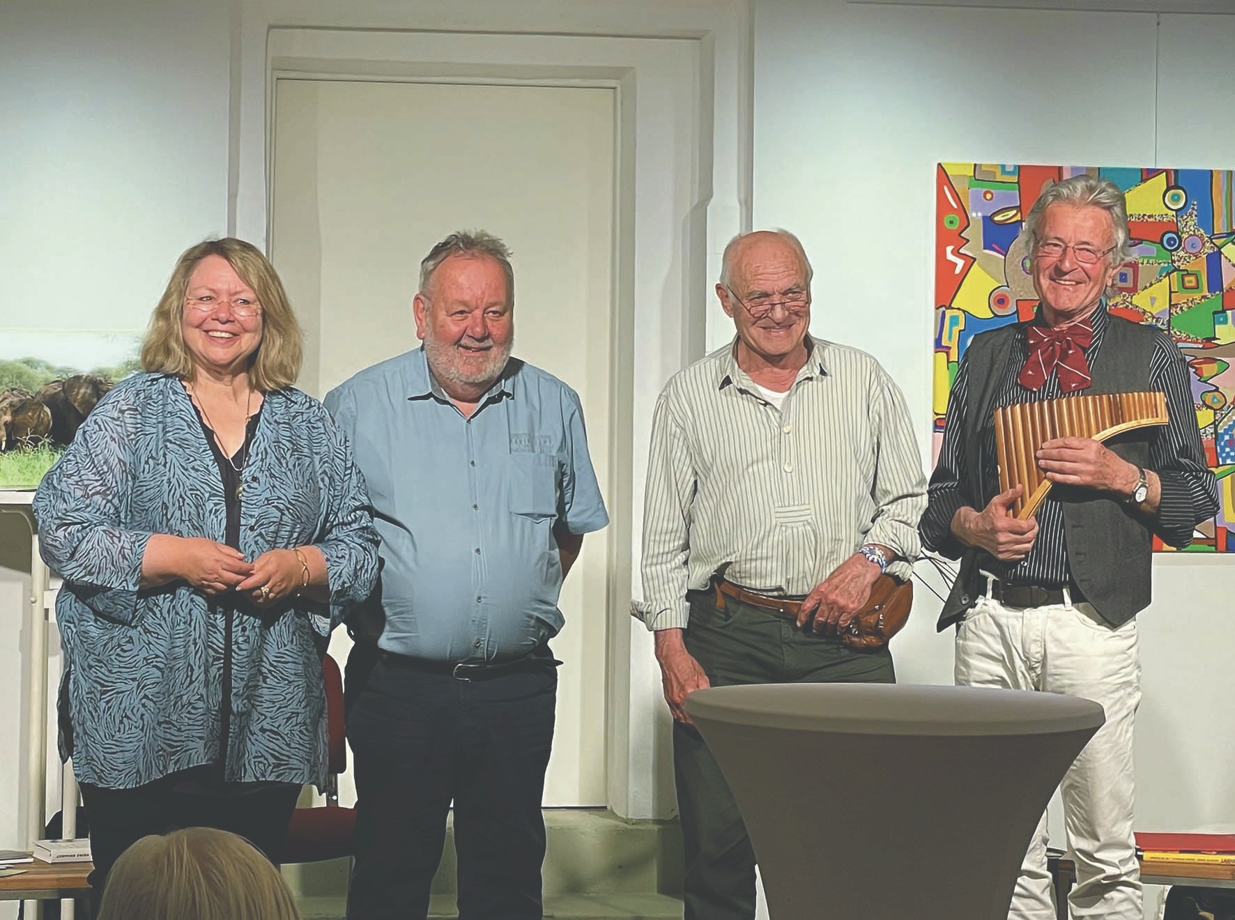 Lesung Sabine Rinser-Willuhn, Uli Krämer, Ludwig M. Brandl und  Joachim Bender mit seiner Panflöte (von links).