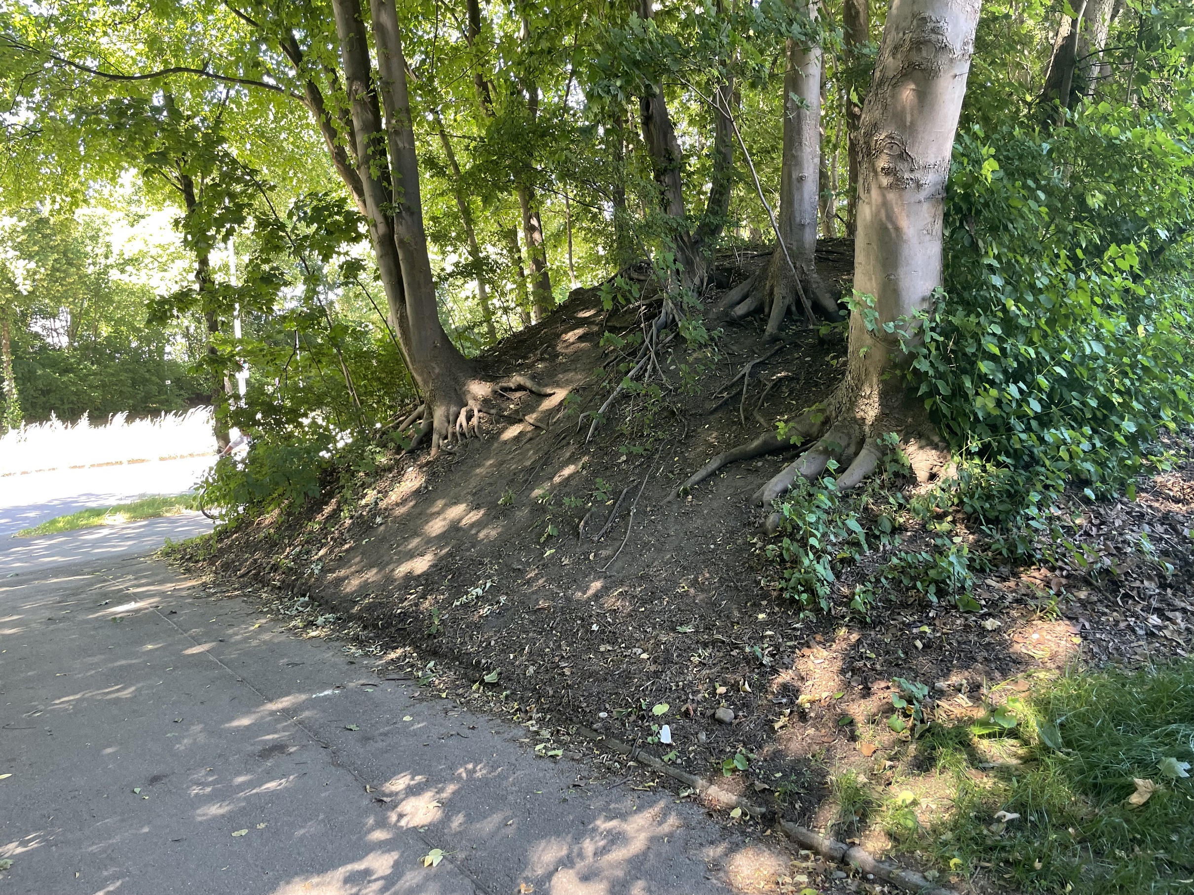 Im Durchgang zwischen Noder- und Bergsonstraße liegendes Erdreich stellt eine Gefahr für Fußgänger und Radfahrer dar. Nun soll die Stadt die Hänge links und rechts abstützen und mit zusätzlichem Erdmaterial aufschütten.