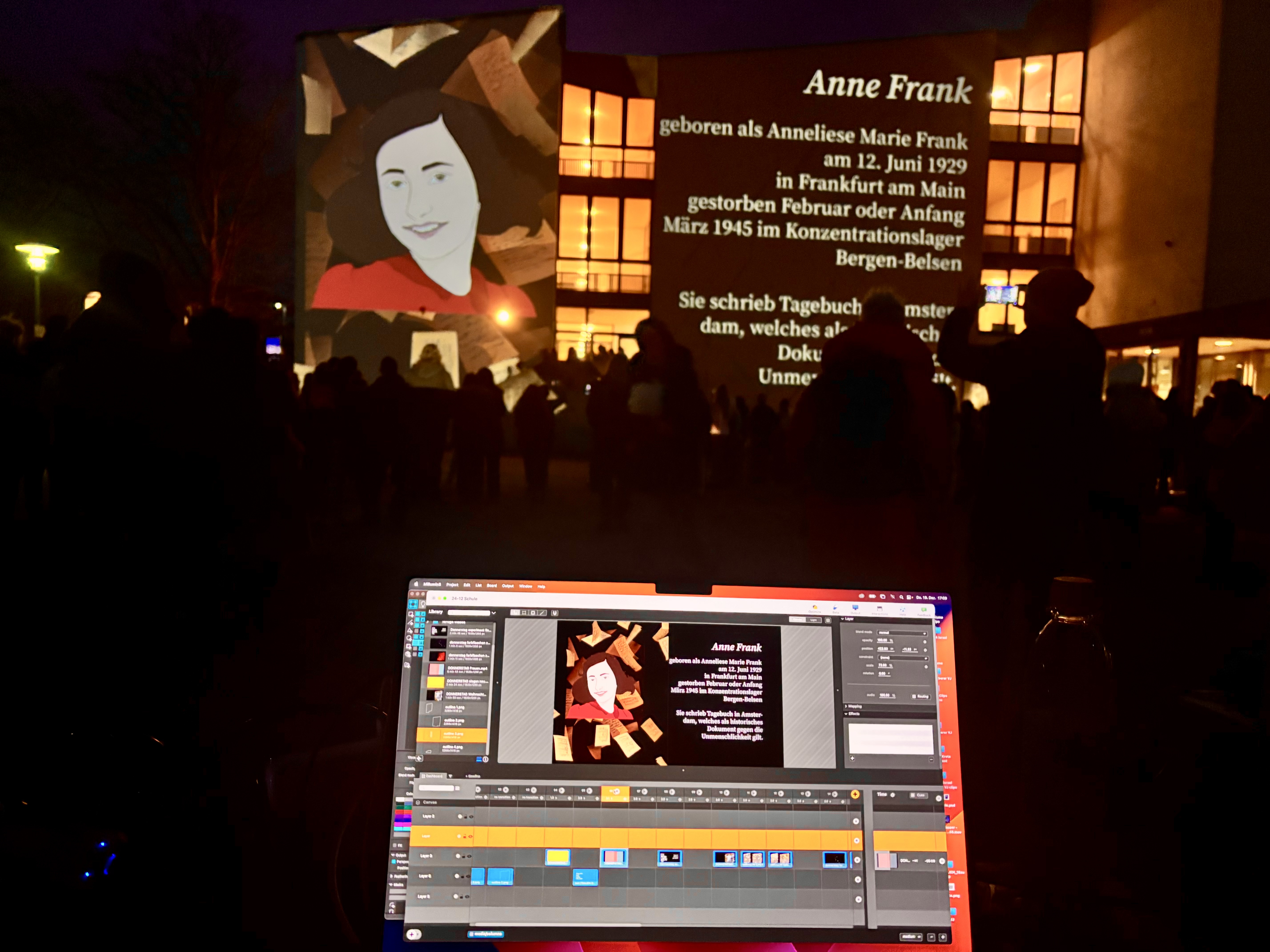 Die Namenspatronin Anne Frank im Computer und auf der Hauswand 